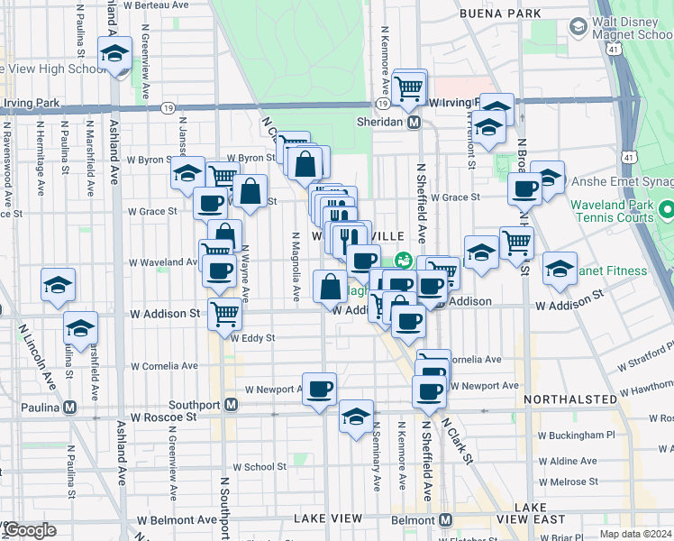 map of restaurants, bars, coffee shops, grocery stores, and more near 1141 West Waveland Avenue in Chicago