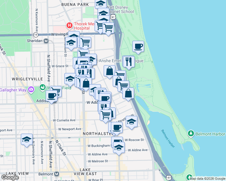 map of restaurants, bars, coffee shops, grocery stores, and more near 520 West Addison Street in Chicago