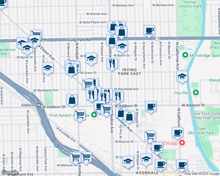 map of restaurants, bars, coffee shops, grocery stores, and more near 3710 North Kedzie Avenue in Chicago