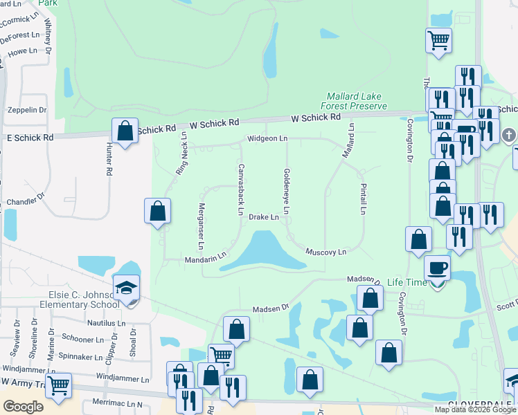 map of restaurants, bars, coffee shops, grocery stores, and more near 171 Canvasback Lane in Bloomingdale