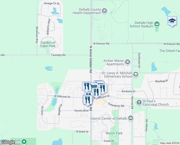 map of restaurants, bars, coffee shops, grocery stores, and more near 1305 North Annie Glidden Road in DeKalb
