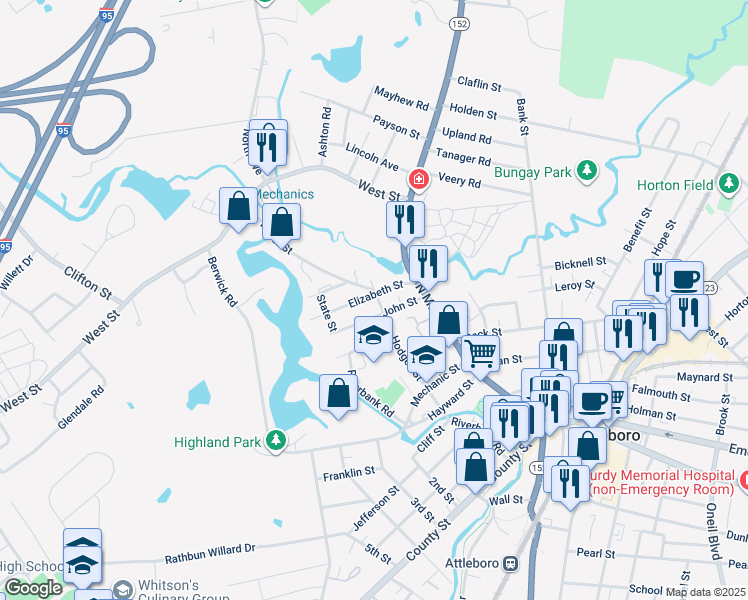 map of restaurants, bars, coffee shops, grocery stores, and more near 12 Water Street in Attleboro