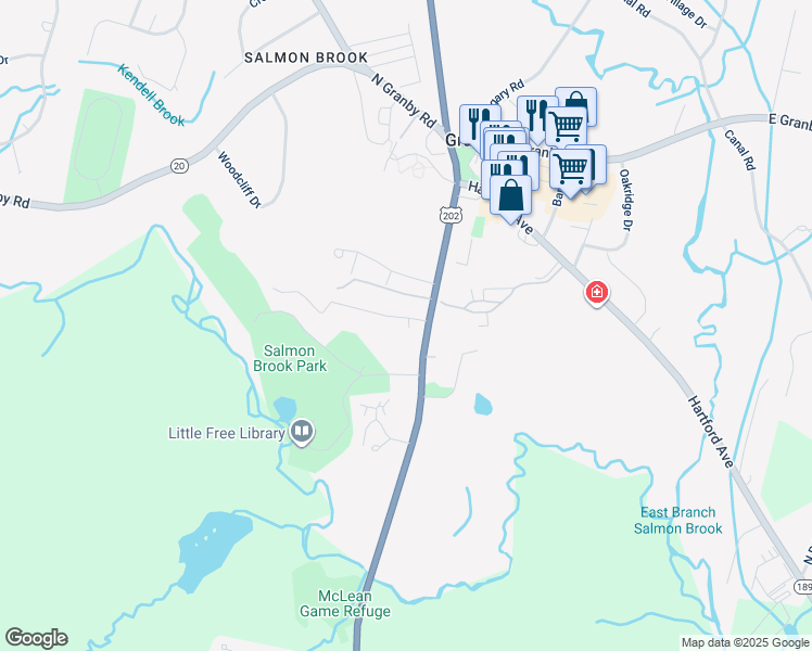 map of restaurants, bars, coffee shops, grocery stores, and more near 8 Pendleton Road in Granby