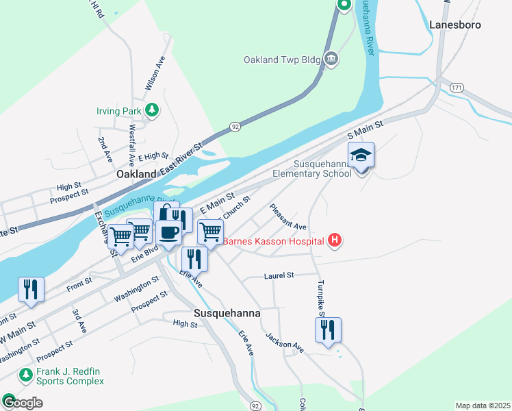 map of restaurants, bars, coffee shops, grocery stores, and more near 331 Grand Street in Susquehanna