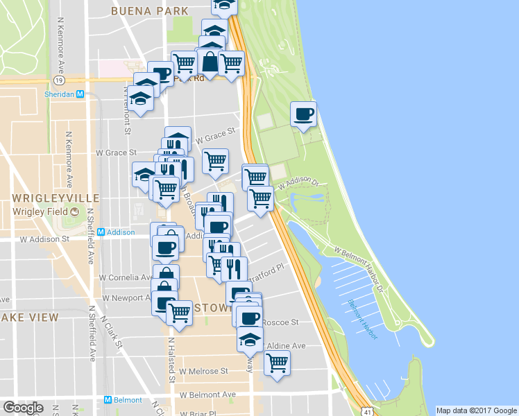 map of restaurants, bars, coffee shops, grocery stores, and more near in Chicago