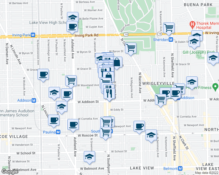 map of restaurants, bars, coffee shops, grocery stores, and more near 1336 West Waveland Avenue in Chicago