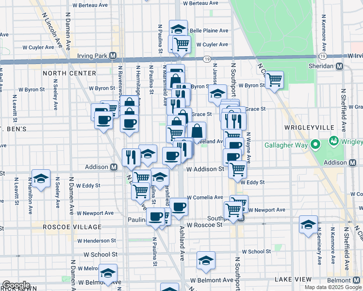 map of restaurants, bars, coffee shops, grocery stores, and more near 1600 West Waveland Avenue in Chicago