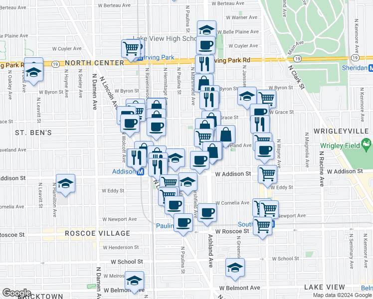 map of restaurants, bars, coffee shops, grocery stores, and more near 3704 North Marshfield Avenue in Chicago