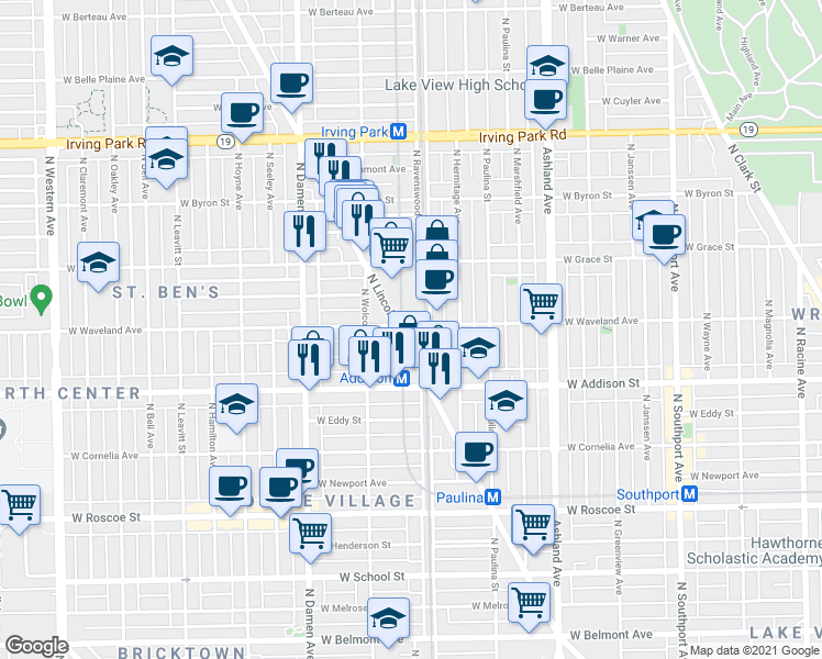map of restaurants, bars, coffee shops, grocery stores, and more near 3705 North Lincoln Avenue in Chicago