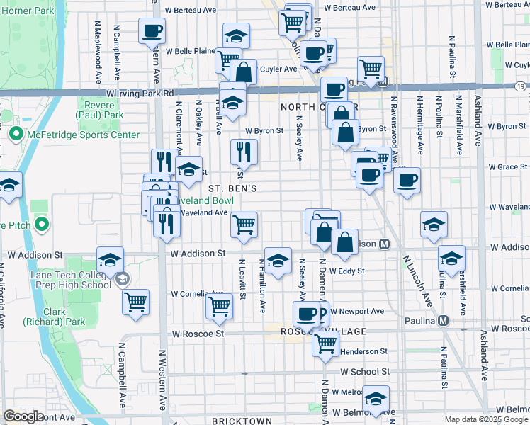 map of restaurants, bars, coffee shops, grocery stores, and more near 2136 West Waveland Avenue in Chicago