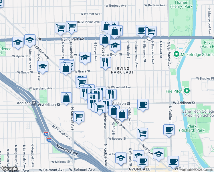 map of restaurants, bars, coffee shops, grocery stores, and more near 3710 North Kedzie Avenue in Chicago