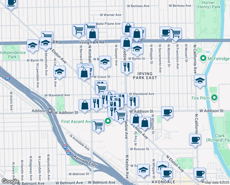 map of restaurants, bars, coffee shops, grocery stores, and more near 3716 North Sawyer Avenue in Chicago