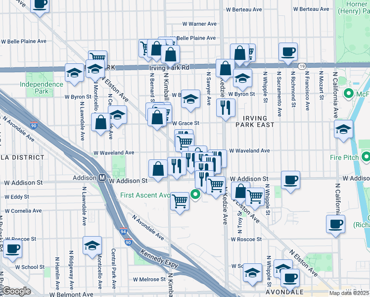 map of restaurants, bars, coffee shops, grocery stores, and more near 3717 North Christiana Avenue in Chicago