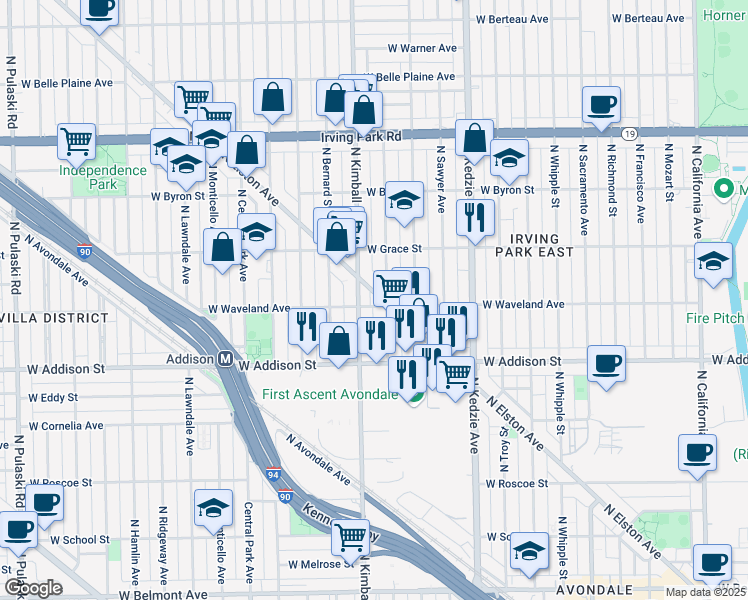 map of restaurants, bars, coffee shops, grocery stores, and more near 3716 North Kimball Avenue in Chicago