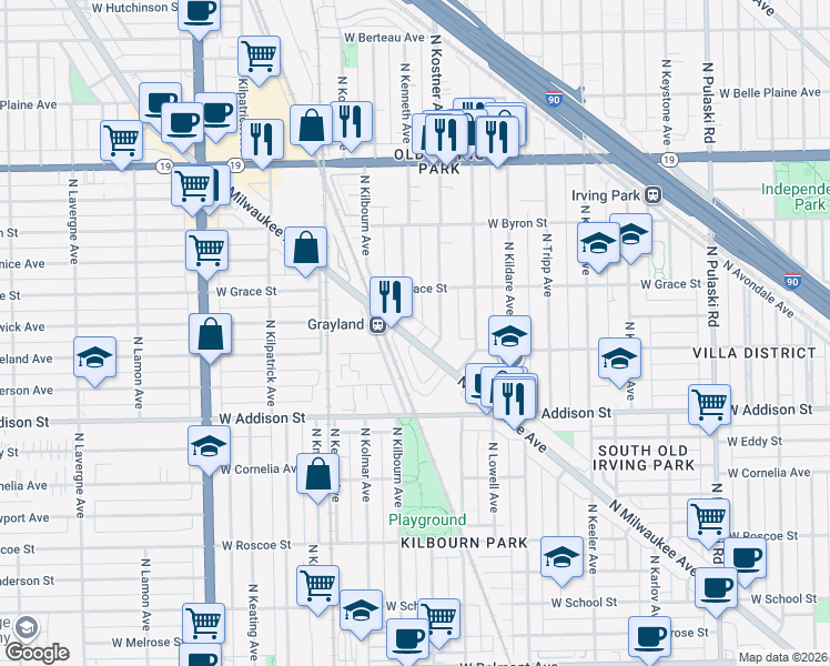 map of restaurants, bars, coffee shops, grocery stores, and more near 3709 North Kenneth Avenue in Chicago