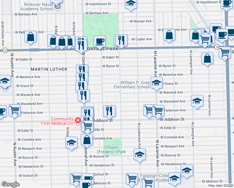 map of restaurants, bars, coffee shops, grocery stores, and more near 5400 West Warwick Avenue in Chicago