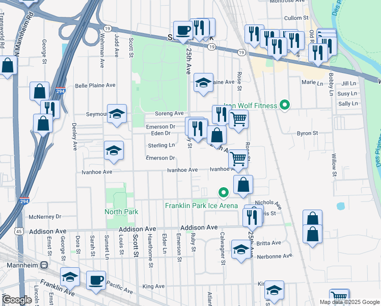 map of restaurants, bars, coffee shops, grocery stores, and more near 3875 Ruby Street in Schiller Park