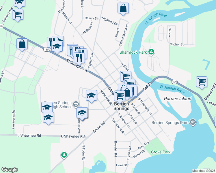 map of restaurants, bars, coffee shops, grocery stores, and more near North Cass Street & West Union Street in Oronoko charter Township