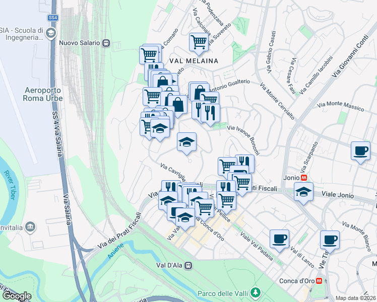 map of restaurants, bars, coffee shops, grocery stores, and more near 25 Via Angelo Baldassarri in Roma