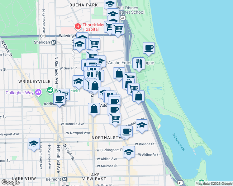 map of restaurants, bars, coffee shops, grocery stores, and more near 605 West Patterson Avenue in Chicago