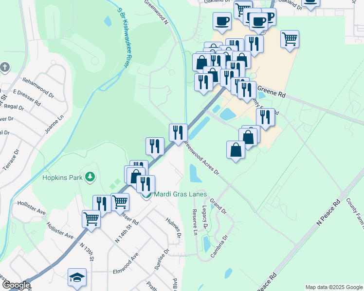 map of restaurants, bars, coffee shops, grocery stores, and more near 2020 Sycamore Road in DeKalb
