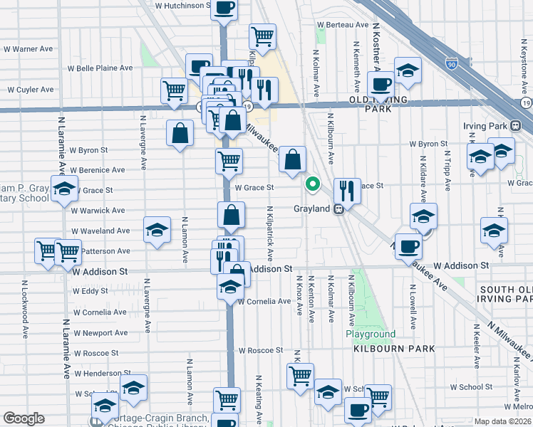 map of restaurants, bars, coffee shops, grocery stores, and more near 4718 West Warwick Avenue in Chicago