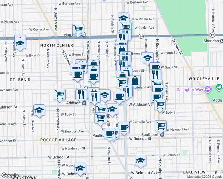 map of restaurants, bars, coffee shops, grocery stores, and more near 3704 North Marshfield Avenue in Chicago