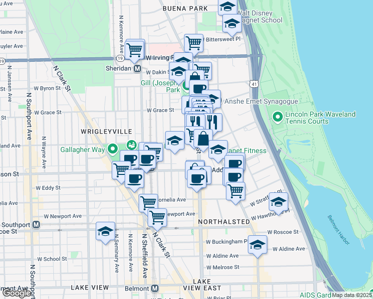 map of restaurants, bars, coffee shops, grocery stores, and more near 823 West Waveland Avenue in Chicago