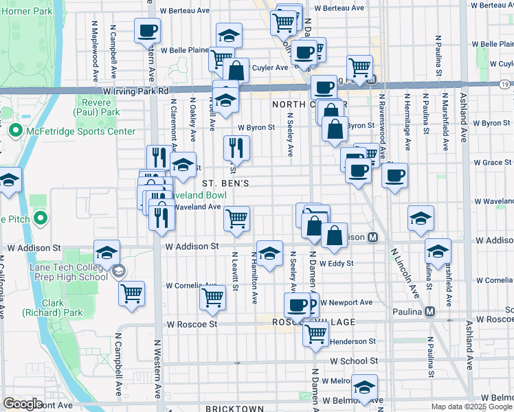 map of restaurants, bars, coffee shops, grocery stores, and more near 2136 West Waveland Avenue in Chicago