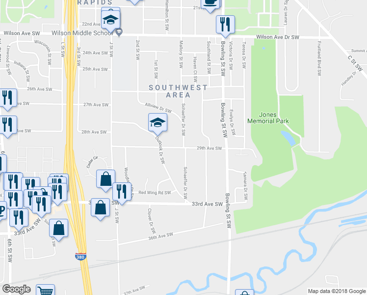 map of restaurants, bars, coffee shops, grocery stores, and more near 2898 Schaeffer Drive Southwest in Cedar Rapids