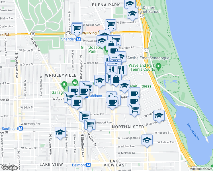 map of restaurants, bars, coffee shops, grocery stores, and more near 831 West Waveland Avenue in Chicago