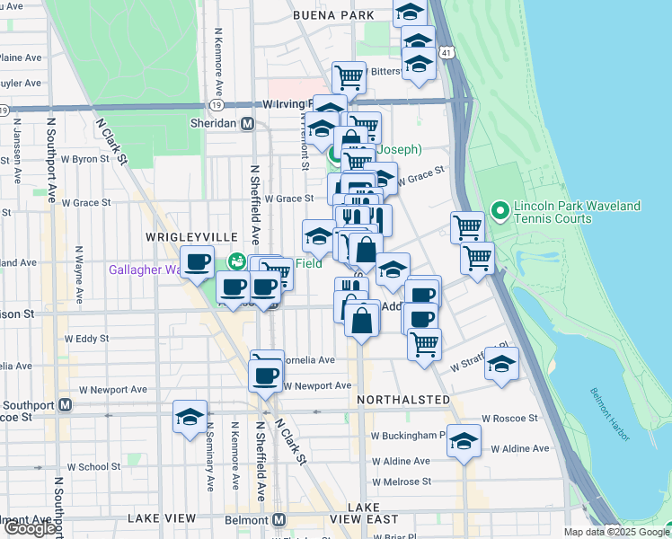 map of restaurants, bars, coffee shops, grocery stores, and more near 829 West Waveland Avenue in Chicago