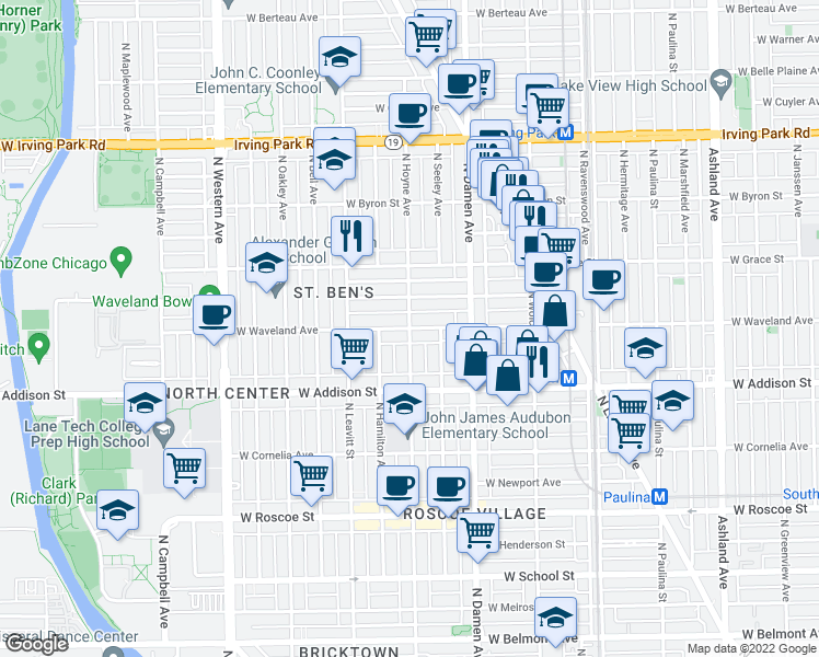 map of restaurants, bars, coffee shops, grocery stores, and more near W Waveland Ave & N Hoyne Ave in Chicago