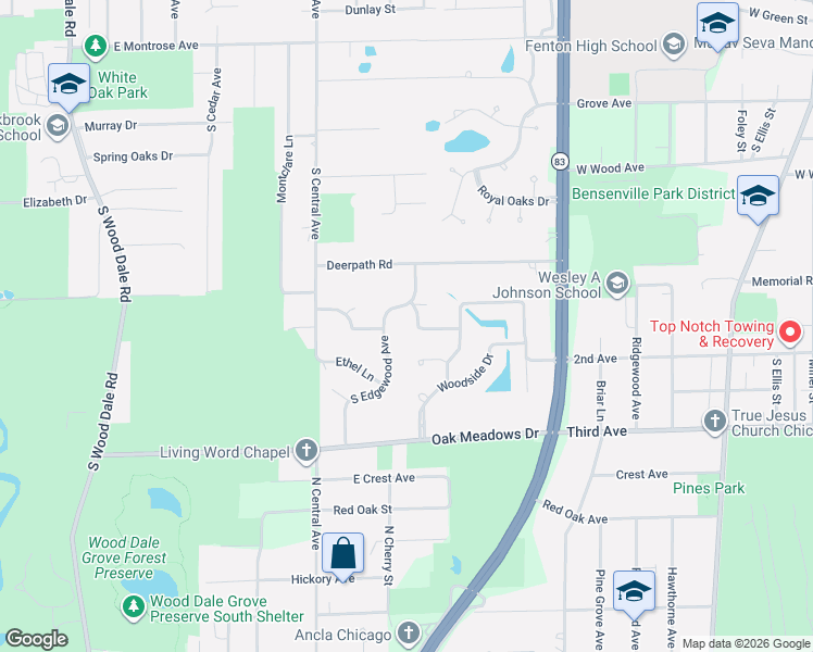 map of restaurants, bars, coffee shops, grocery stores, and more near 339 South Edgewood Avenue in Wood Dale