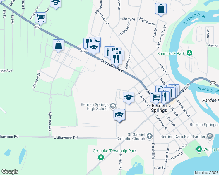 map of restaurants, bars, coffee shops, grocery stores, and more near 1 Sylvester Avenue in Oronoko charter Township