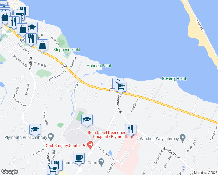 map of restaurants, bars, coffee shops, grocery stores, and more near 212 Sandwich Street in Plymouth