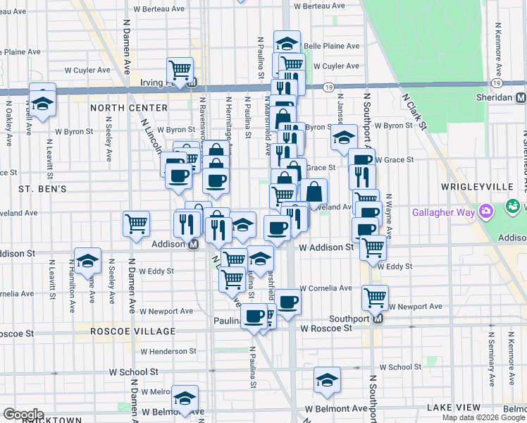 map of restaurants, bars, coffee shops, grocery stores, and more near 1641 West Waveland Avenue in Chicago
