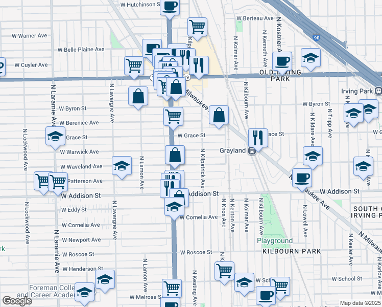 map of restaurants, bars, coffee shops, grocery stores, and more near 4718 West Warwick Avenue in Chicago