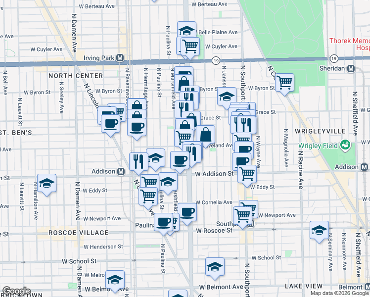 map of restaurants, bars, coffee shops, grocery stores, and more near 1600 West Waveland Avenue in Chicago