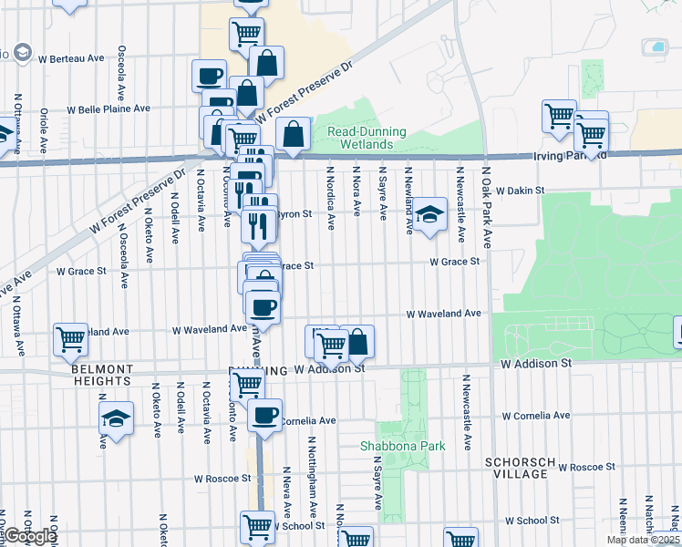map of restaurants, bars, coffee shops, grocery stores, and more near 3800 North Nora Avenue in Chicago