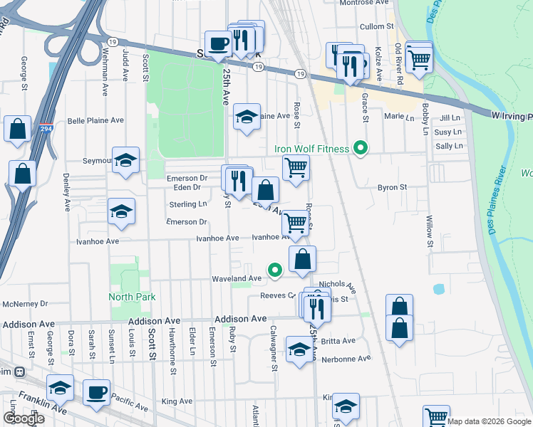 map of restaurants, bars, coffee shops, grocery stores, and more near 3860 25th Avenue in Schiller Park
