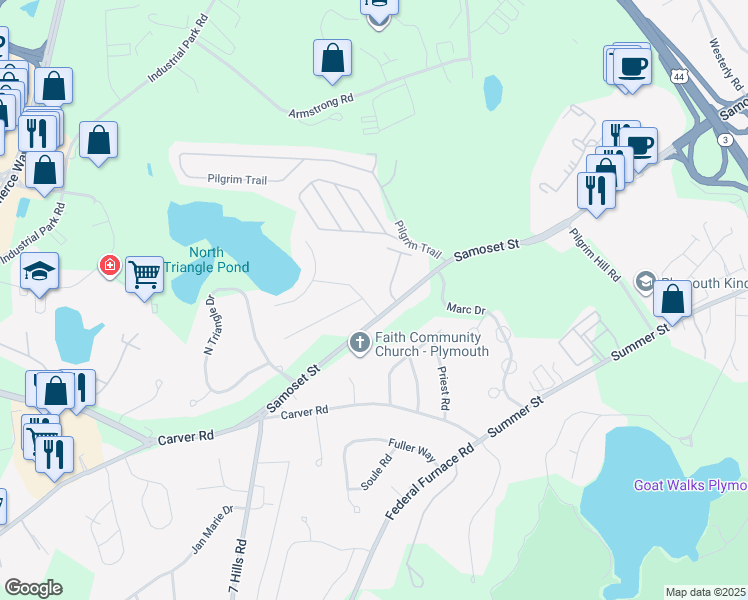 map of restaurants, bars, coffee shops, grocery stores, and more near 3 Seneca Lane in Plymouth