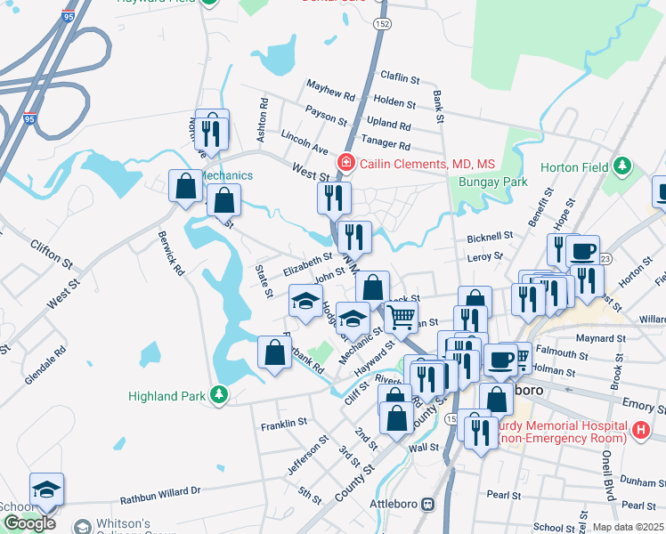 map of restaurants, bars, coffee shops, grocery stores, and more near 14 Elizabeth Street in Attleboro