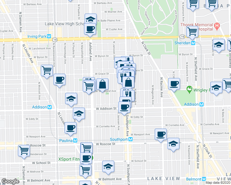map of restaurants, bars, coffee shops, grocery stores, and more near 1450 West Waveland Avenue in Chicago