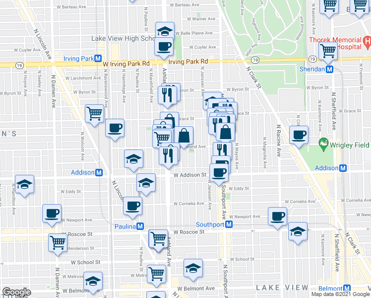 map of restaurants, bars, coffee shops, grocery stores, and more near 3703 North Bosworth Avenue in Chicago