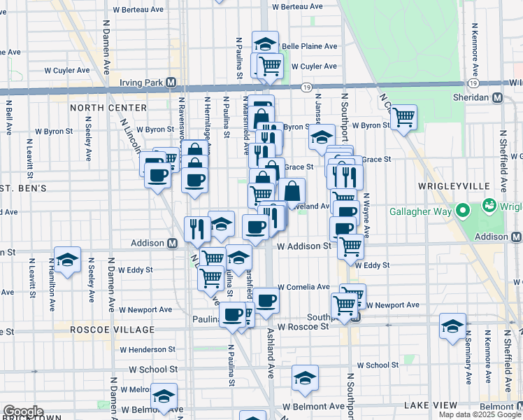 map of restaurants, bars, coffee shops, grocery stores, and more near 1600 West Waveland Avenue in Chicago