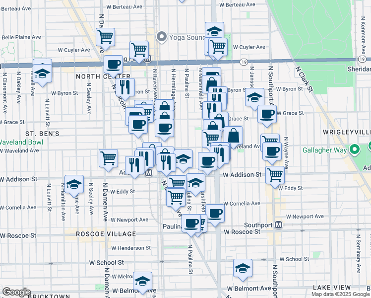 map of restaurants, bars, coffee shops, grocery stores, and more near 1714 West Waveland Avenue in Chicago