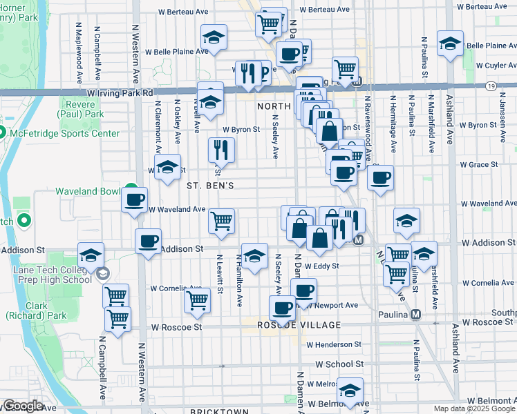 map of restaurants, bars, coffee shops, grocery stores, and more near 3709 North Hoyne Avenue in Chicago