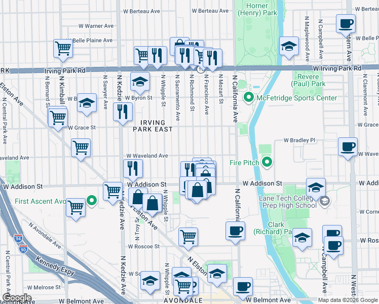 map of restaurants, bars, coffee shops, grocery stores, and more near 3712 North Richmond Street in Chicago