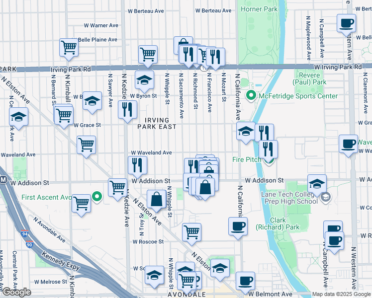map of restaurants, bars, coffee shops, grocery stores, and more near 3712 North Richmond Street in Chicago